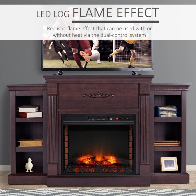 HOMCOM 70" W x 15.75" H Electric Fireplace Mantel TV Stand, Media Console Center Cabinet with 6 Shelves and Remote Control, Dark Brown