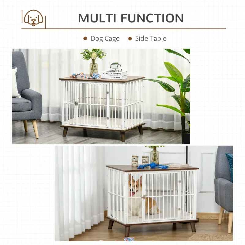 PawHut Dog Crate, Furniture Style Pet Cage Kennel, End Table, Decorative Dog House, with Soft Cushion, Wooden Top, Door, for Small & Medium Dogs, Indoor Use, Brown