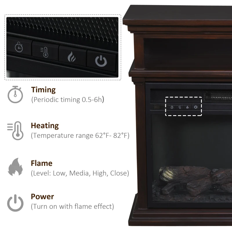 HOMCOM Electric Fireplace with Shelf, Storage Rack, Side Console Table, LED Log Flame, Auto Cut-Off, Remote Control, Dark Coffee
