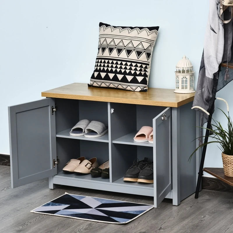 HOMCOM Oak Wood Grain Simple Shoe Cabinet 2-tier Storage with 2 Doors Sturdy Grey