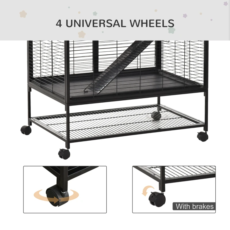 PawHut 42" Small Animal Cage with Wheels Removable Tray, 2-Tier Pet Playpen for Ferrets Chinchillas Guinea Pigs Kittens with Platform, Ramp