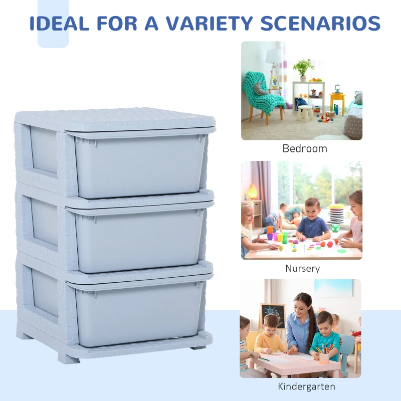 Qaba Kids Storage Unit Dresser Tower with Drawers 3 Tier Chest Toy Organizer for Bedroom Nursery Kindergarten Livingroom Blue