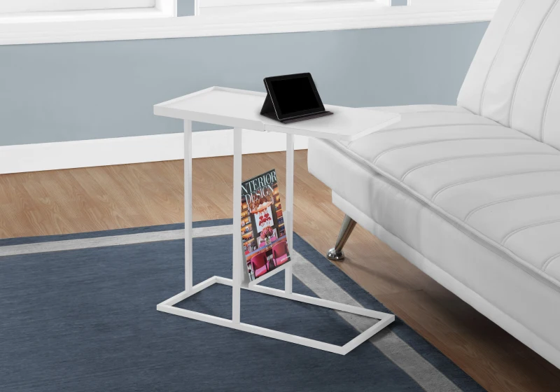 Monarch 24" Modern Metal Frame C-Shaped Side Accent Table with Magazine Storage Rack - White Finish