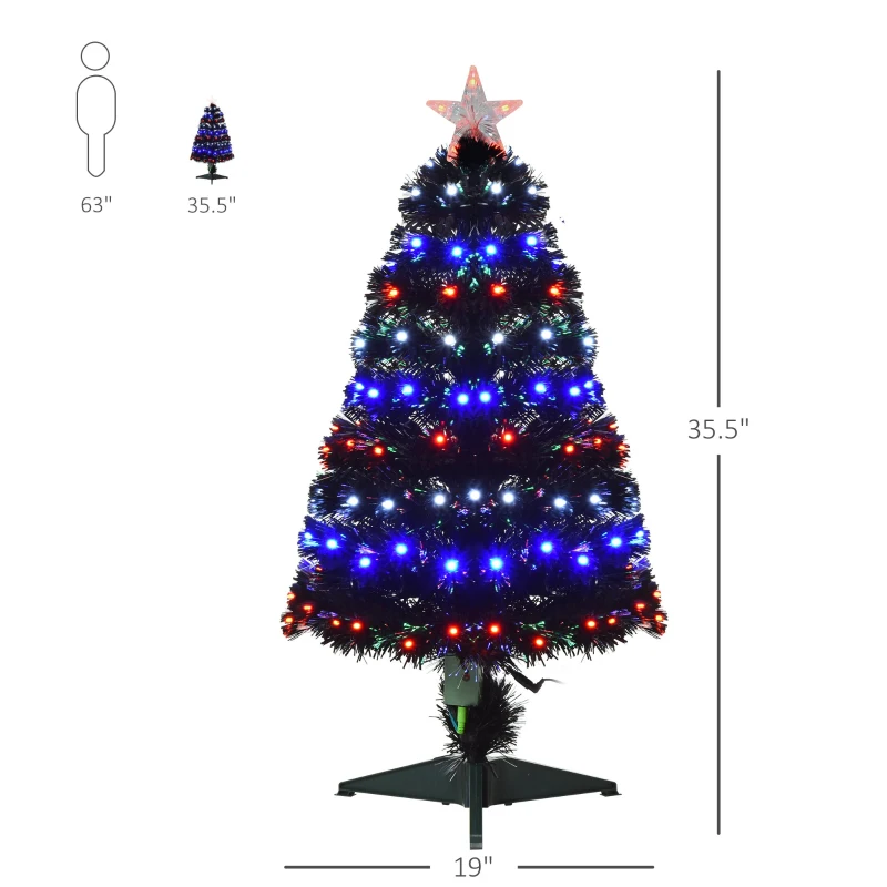 HOMCOM 3ft Tall Pre-Lit Douglas Fir Artificial Christmas Tree with Realistic Branches, 90 Multi-Color LED Lights, Fiber Optics, and 90 Tips, Black