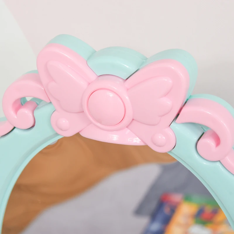 Qaba Kids Vanity Makeup Table Set with Chair and 20-Piece Collection, Princess Vanity Table and Stool with Mirror Lights, Imaginative Toy for 3-4 Years Old