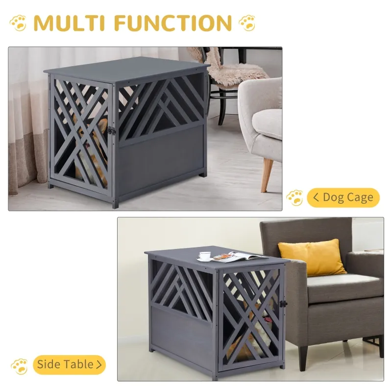 PawHut Furniture Style Wood Dog Crate End Table Decorative Dog Cage Kennel Lattice Night Stand with Lockable Door, Indoor Use, Grey