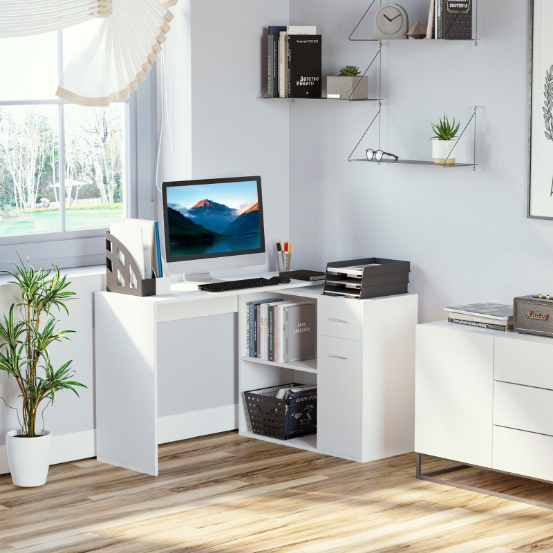 HOMCOM 360° Rotating Corner Desk Computer Table w/ Storage Cabinet Shelf Student Study Writing Desk Home Office Furniture White