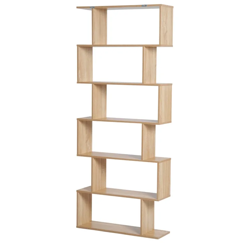HOMCOM 75.5" H Bookcase 6 Shelf S-Shaped Bookshelf Wooden Storage Display Stand Shelf Organizer Free Standing, Oak