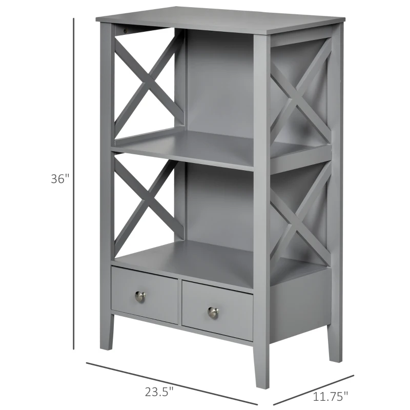 kleankin X- Frame Freestanding Floor Bathroom Storage with Two Drawers, Storage Organizer, Cabinet with 3 Shelves, Gray