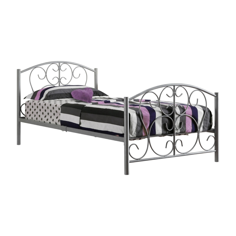 Monarch Decorative Scroll Design Twin Size Metal Bed Frame - Silver Finish