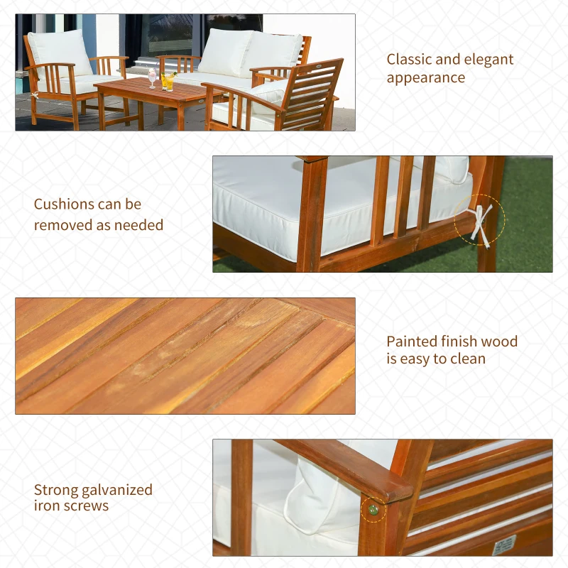 Outsunny 4 Piece Solid Acacia Wood Conversation Set Outdoor Patio Furniture Chat Set w/ Armchairs, Loveseat, Center Coffee Table & Cushions Teak/Cream