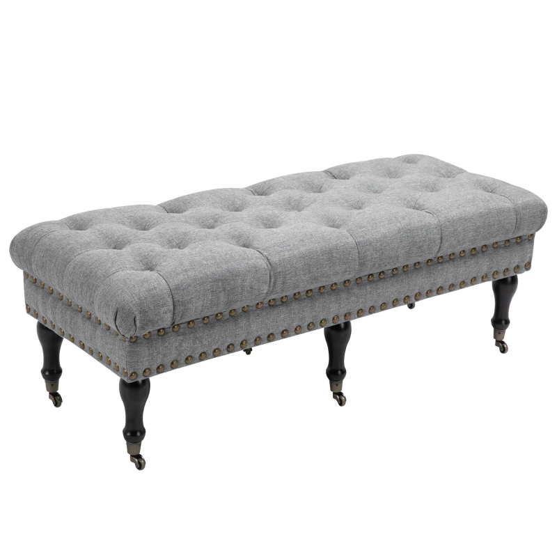 HOMCOM Mobile Upholstered Bench Rolling Button-Tufted Fabric Accent Ottoman with Nailhead Trim & Wheels, Grey