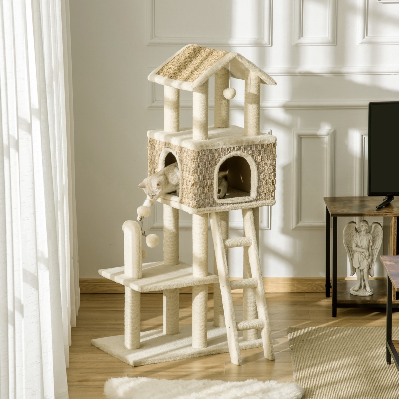 PawHut 52" Huge Cat Tree Kitty Activity Center Cat Climbing Toy Rest Pet Furniture with Sisal Scratching Post Condo Perch Ladder Windmill Toy Hanging Ball Beige