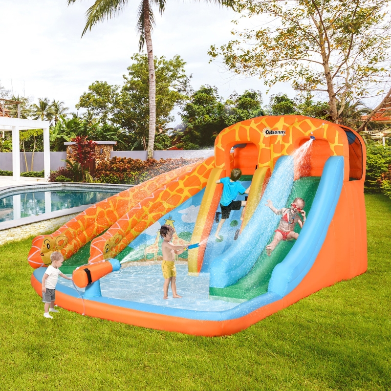 Outsunny Kids Bounce Castle House Inflatable Water Slide Pool Gun Climbing Wall 4 in 1 with Inflator for Kids Age 3-12 Summer 15.3' x 13.8' x 7.5' Multi-color