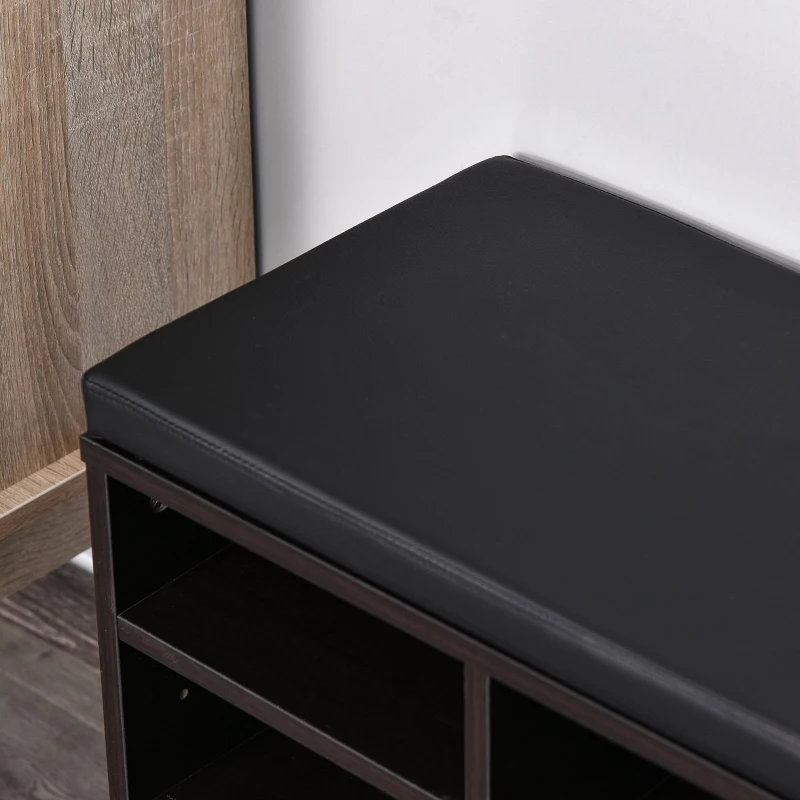 HomCom Upholstered Shoe Entryway Bench Rack with Comfortable PU Cushion Bench & Flexible Shelving Options, Brown