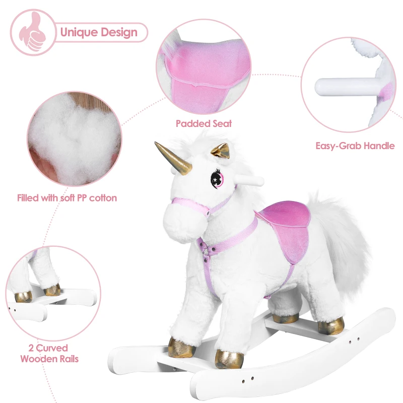 Qaba Kids Plush Toy Rocking Horse Unicorn with Realistic Sounds - White/Golden