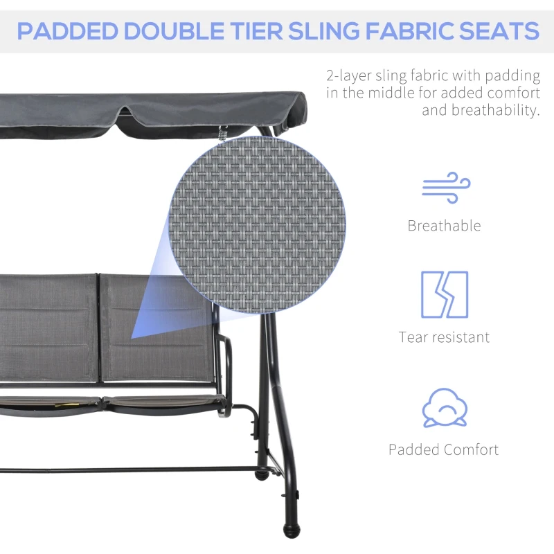 Outsunny 3-Seater Porch Swing Chair Outdoor Patio Bench for Deck with Adjustable Canopy, Padded Sling Fabric Seat