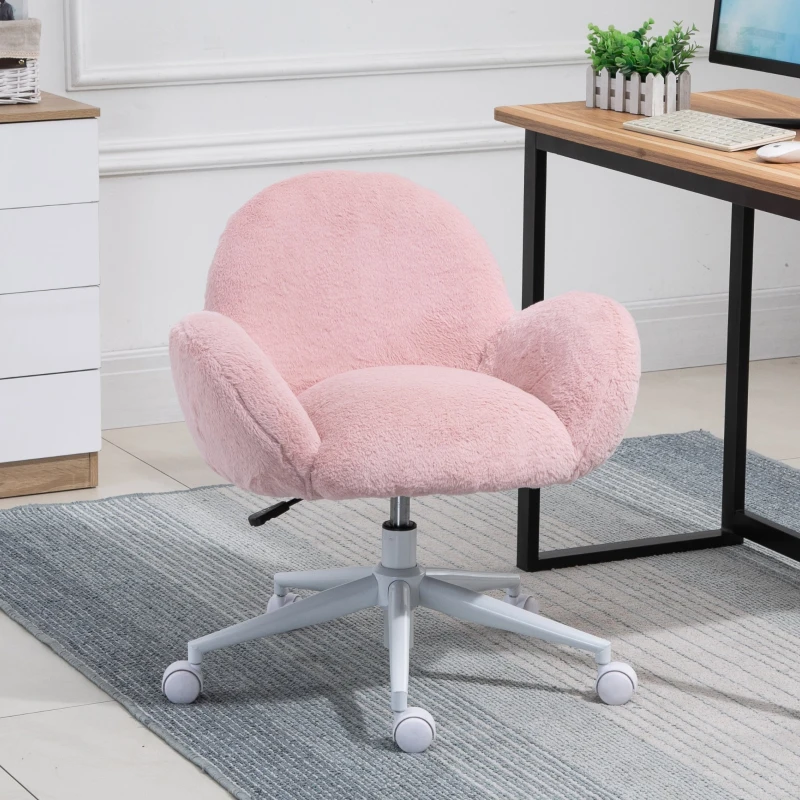 HOMCOM Faux Fur Leisure Chair Accent Chair Office Swivel Chair with Mid-Back Wide Design, Adjustable Seat Height, Steel Base, Wheels, Pink