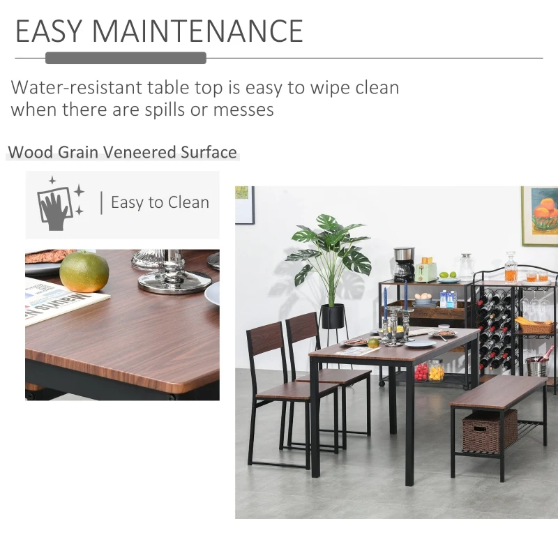 HOMCOM Industrial 4 Piece Dining Room Table Set with Bench Wooden Kitchen Table and Chairs w/ Storage Rack for Kitchen, Dinette, Rustic Brown/Black