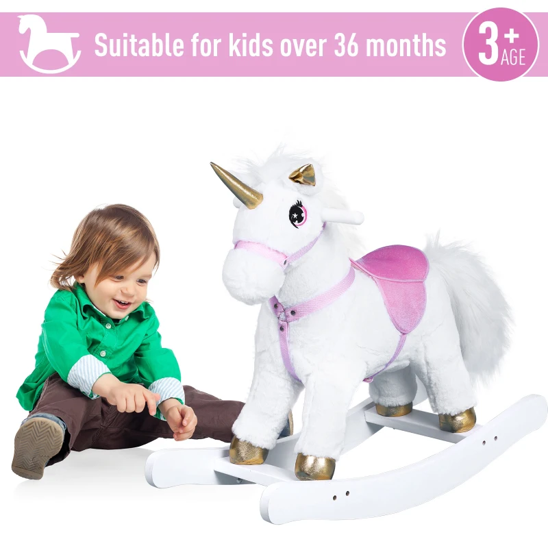 Qaba Kids Plush Toy Rocking Horse Unicorn with Realistic Sounds - White/Golden