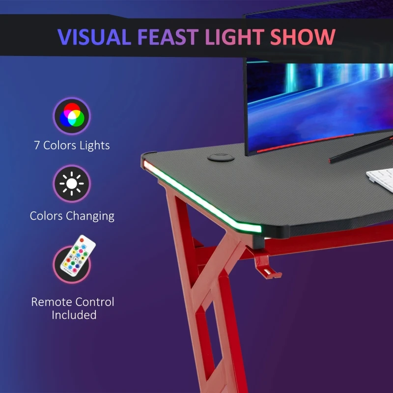 HOMCOM 47 Inch Gaming Desk with LED Lights and Remote Control, Racing Style Computer Table, Home Office Workstation with Cup Holder Headphone Hook, Black and Red