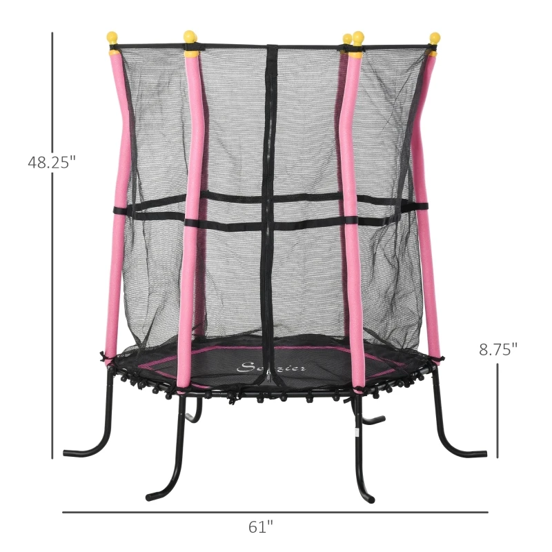 Soozier 61” Kids Trampoline Mini Indoor/Outdoor Bouncer Jumper with Enclosure Net Elastic Thick Padded Pole Gift for Child Toddler Age 3-6 Years Old Pink