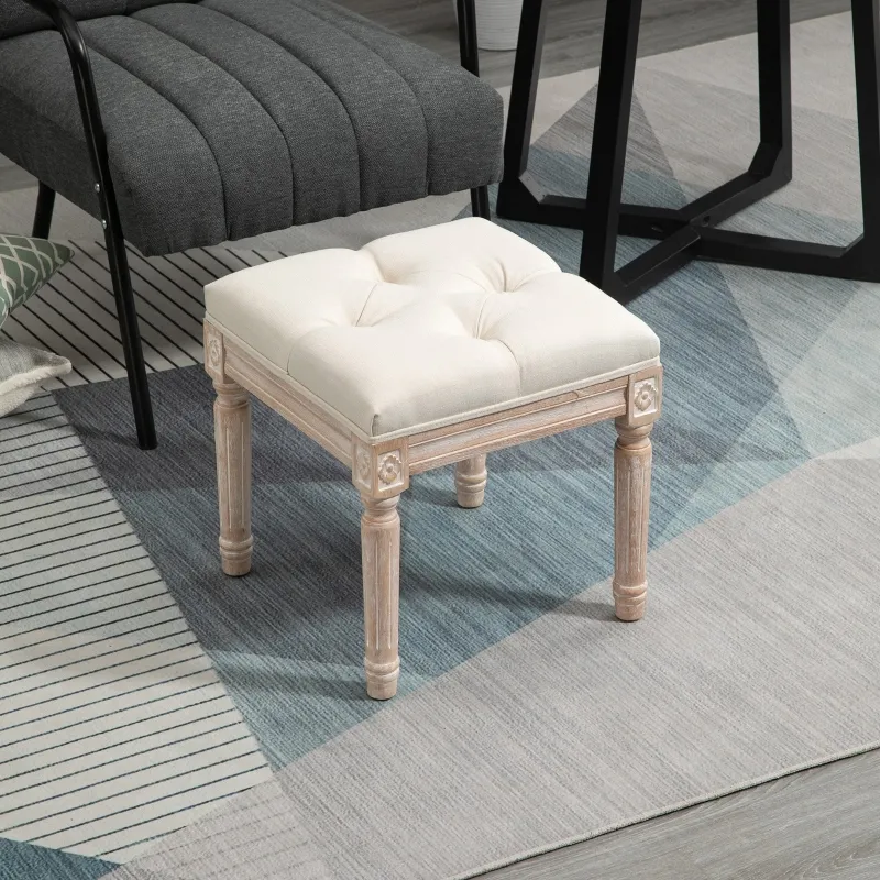 HOMCOM Ottoman Bench Vintage Footrest w/ Button Tufted Seat, Carved Wooden Legs, Beige