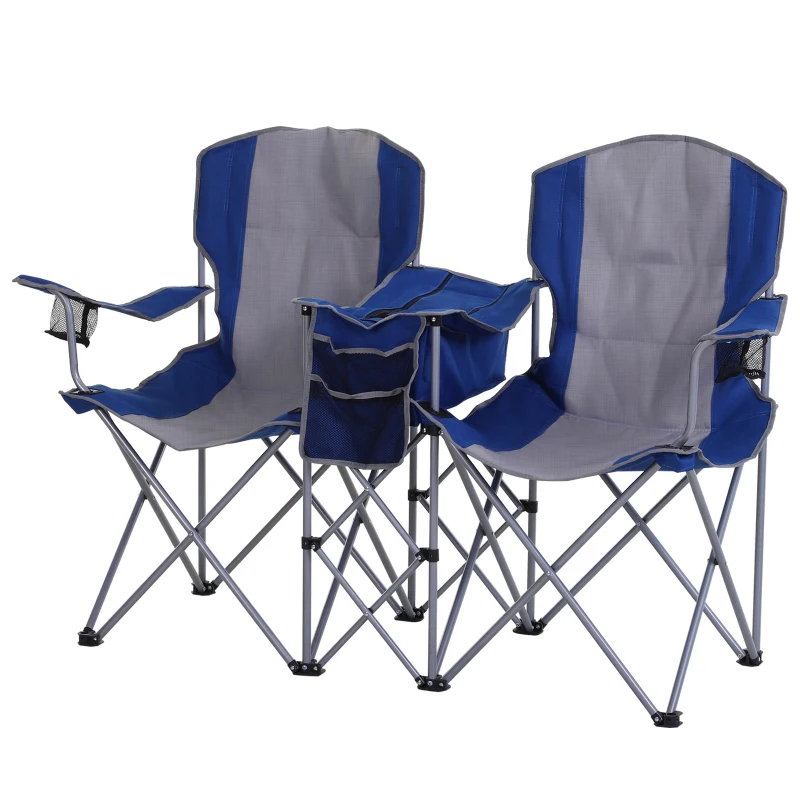 Outsunny 2 Person Folding Camping Chair Oxford Metal Fishing w/ Ice Bag  Cup Holder Blue
