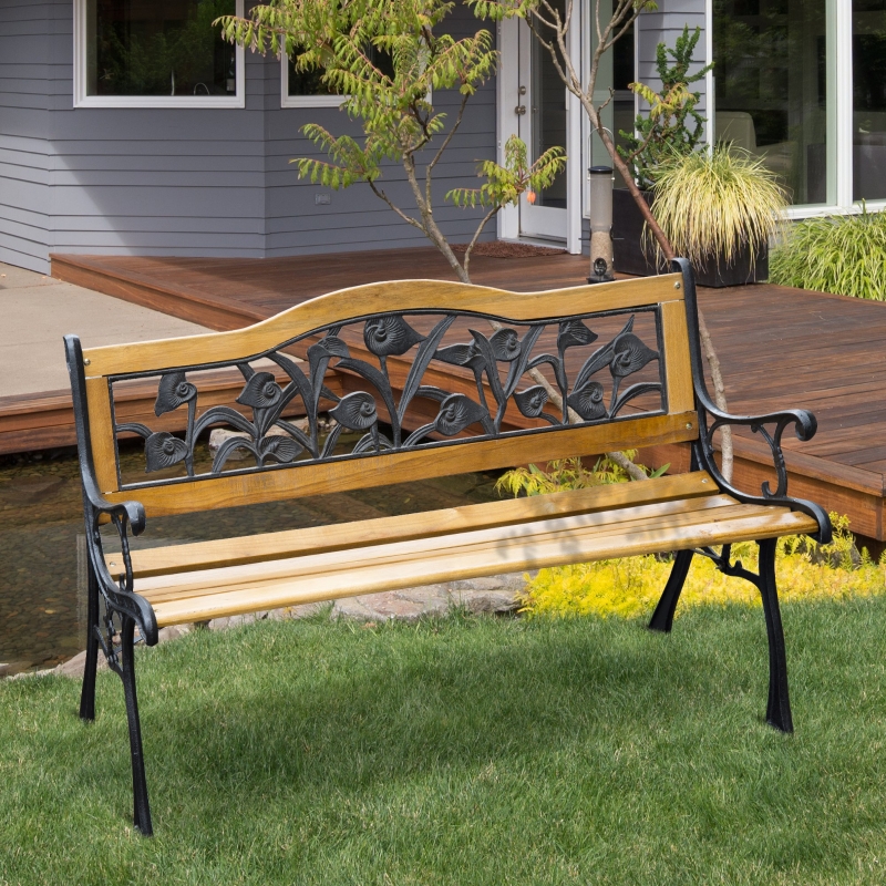 Outsunny 50" 2-Seater Garden Bench Chair, Loveseat for Yard, Lawn, Porch, Patio, Cast Iron and Wooded, Natural