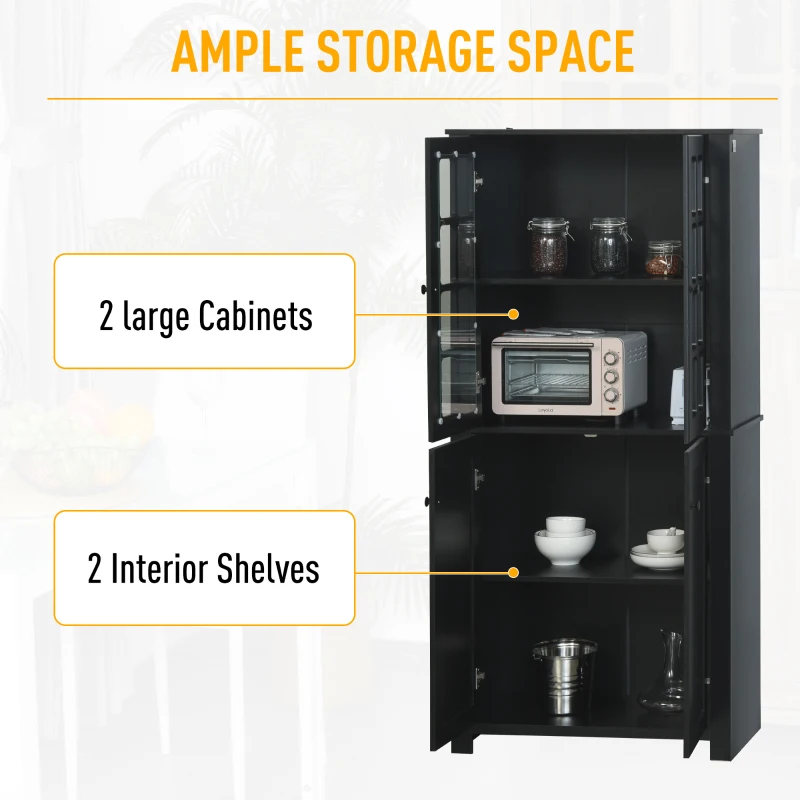 HOMCOM 71" Freestanding Kitchen Pantry Cabinet with Glass Door and Shelves, Tall Cupboard for Dining Room, Living Room, Black