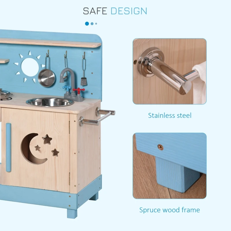 Outsunny Wooden Kids Kitchen with Pots and Pans, Storage Shelf Cabinet, Side Hanger, Sun, Moon, Star Pattern for 3+
