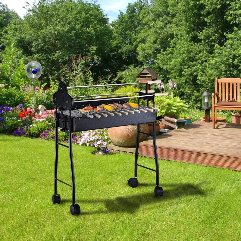 Outsunny 35" Charcoal BBQ Grill and Smoker Combo 2 in 1 Portable Rotisserie with Large/Small Skewers Included and 4 Wheels for Portability