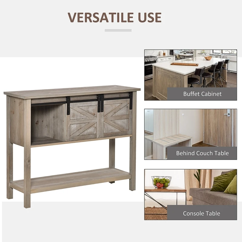 HOMCOM Farmhouse Style Console Table with Sliding Barn Doors and 4 Open Storage Compartments and Elevated Base, Grey