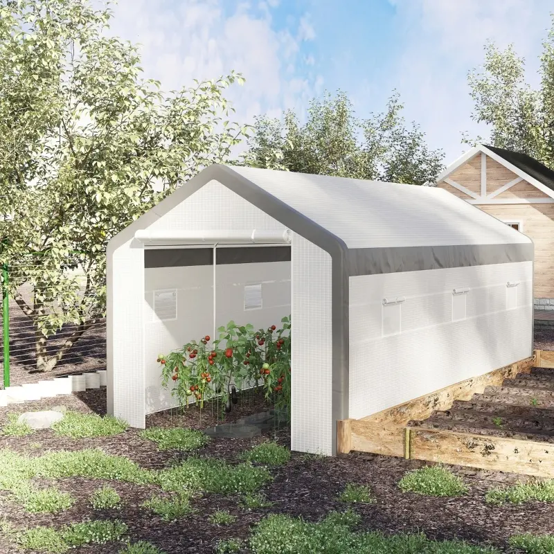 Outsunny 20' L x 10' W x 9' H Large Walk-in Greenhouse with Roll Up Door, 8 Closeable Windows, & Weather PE Cover
