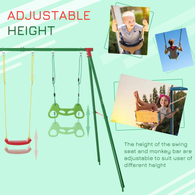 Outsunny 3 in 1 Kids Metal Swing Set w/ Monkey Bar Rings Glider and Adjustable Hanging Rope, Multiple Kids Playground Equipment for Backyard