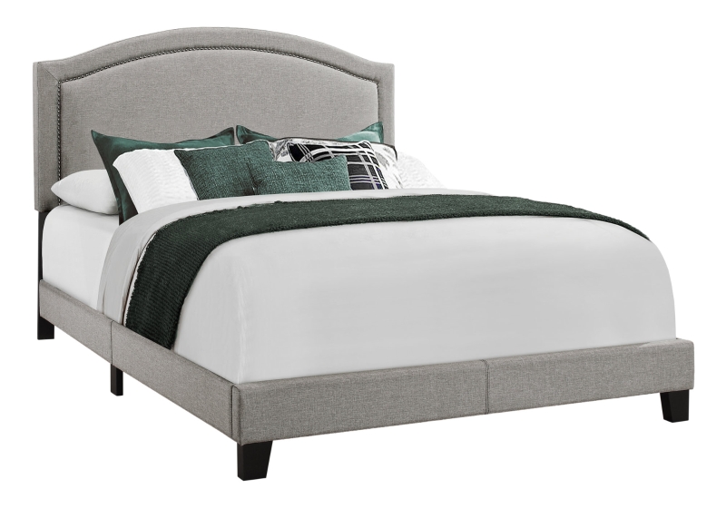 Monarch Queen Size Contemporary Upholstered Bed Frame with Chrome Nail Head Trim and Wood Legs - Grey Linen Look
