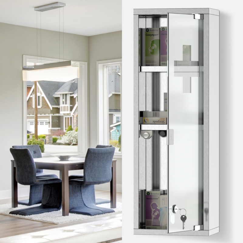kleankin 22''x8'' Stainless Steel Medicine Cabinet 3 Tier Frosted Door Lockable First Aid Unit