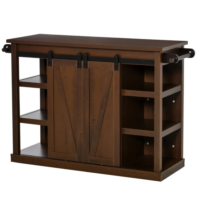 HOMCOM 53" Rolling Kitchen Island with Storage Shelves, Utility Kitchen Trolley Rolling Cart on Wheels with Sliding Barn Doors, Wine Rack and Towel Holders, Walnut