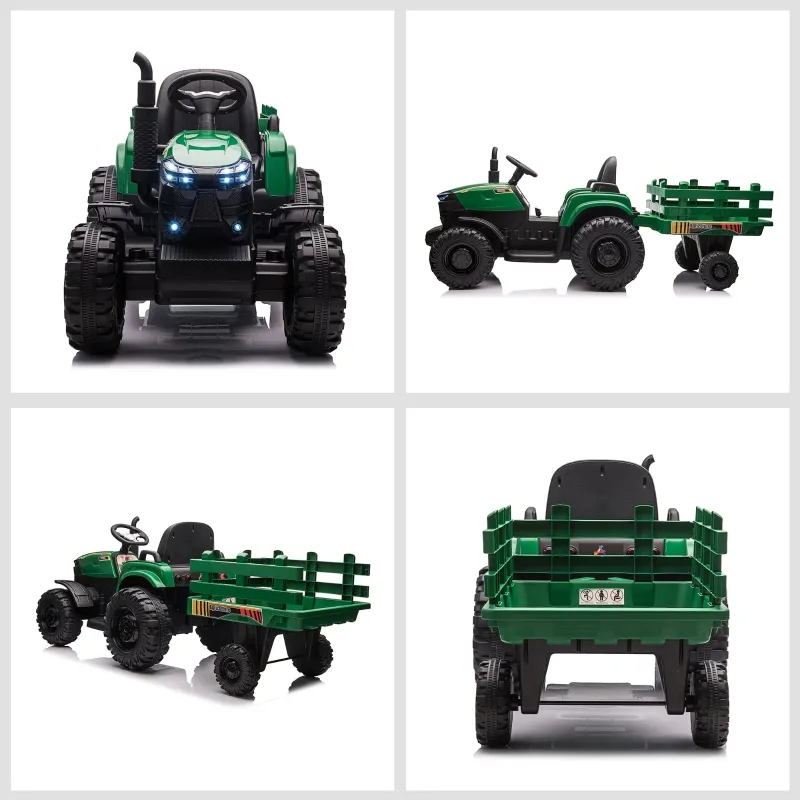 Aosom 12V 7AH Kids Ride On Tractor, Electric Battery Powered Agricultural Toy Car, w/ Back Trailer, Adjustable Speed, 10 LED Headlights, Green