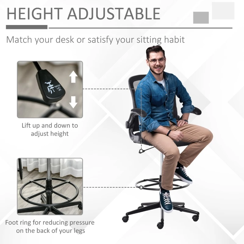 Vinsetto Tall Drafting Desk Chair Computer Desk Home Office Mesh Standing Chair with Mid Back, Foot Ring, Flip-up Arm, 360° Swivel Wheels, Black