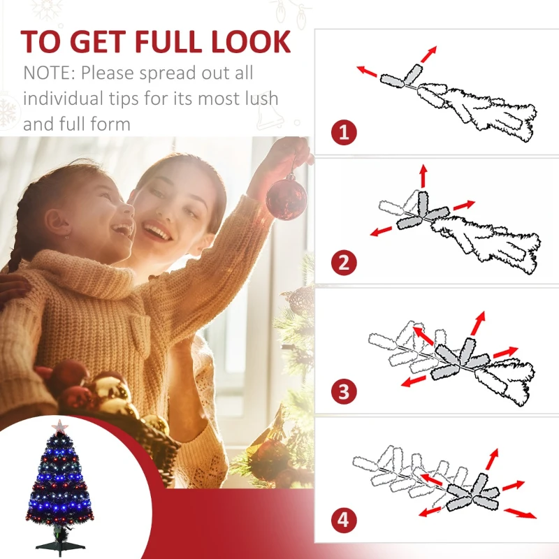 HOMCOM 3ft Tall Pre-Lit Douglas Fir Artificial Christmas Tree with Realistic Branches, 90 Multi-Color LED Lights, Fiber Optics, and 90 Tips, Black