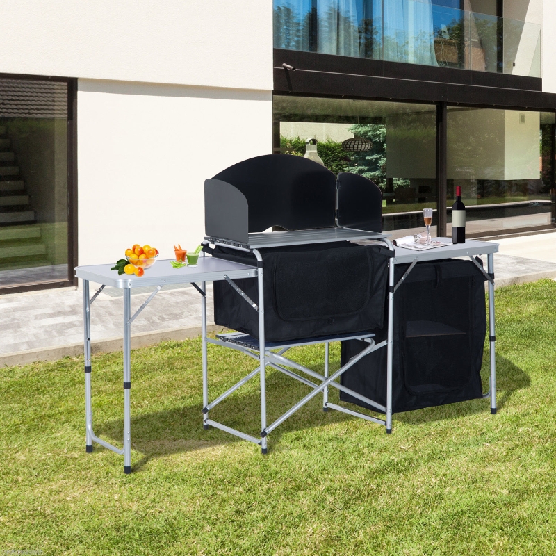 Outsunny Folding Camp Kitchen Table Picnic Cabinet Folding Cupboard Table With Wild Board Cooking Alu