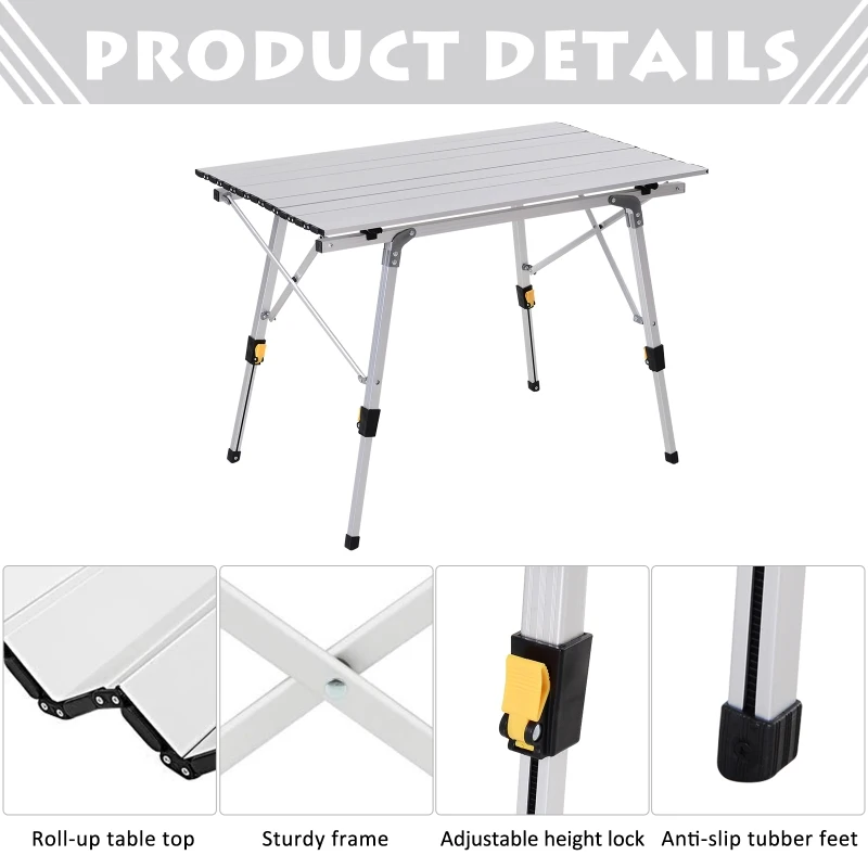 Outsunny Aluminum Foldable Camping Table Portable Lightweight Roll-up Picnic Table with Adjustable Height Design