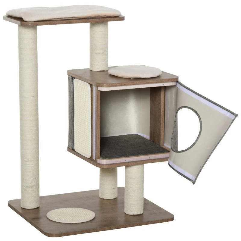 PawHut 34" Cat Tree Tower Activity Center with Natural Jute Scratch Material, Cushions on Each Platform, & Condo Area
