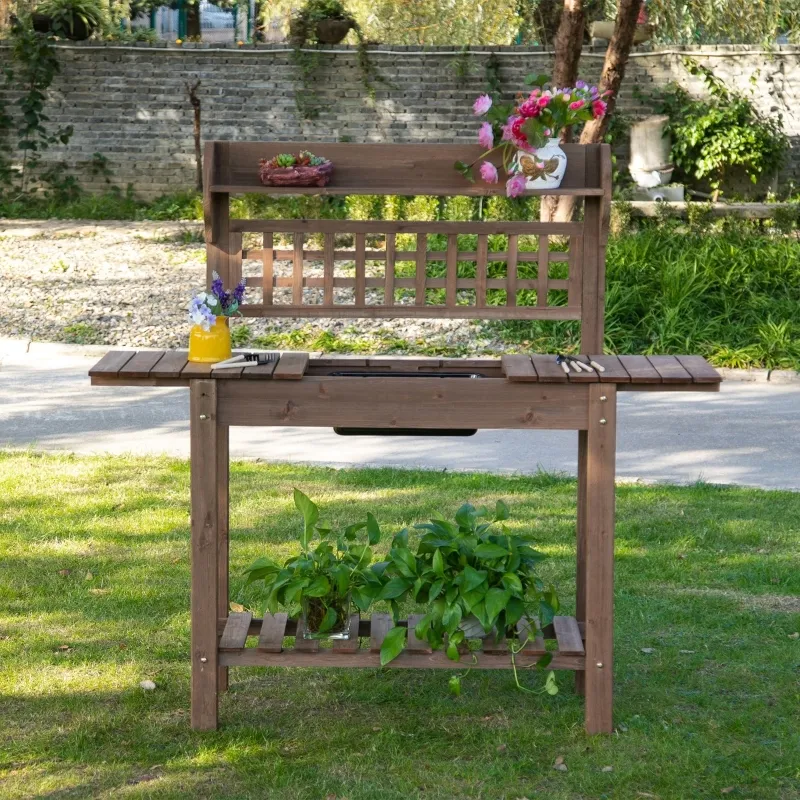 Outsunny Wooden Garden Potting Bench with Hidden Storage, Spacious Work Table for Gardening Projects, Brown