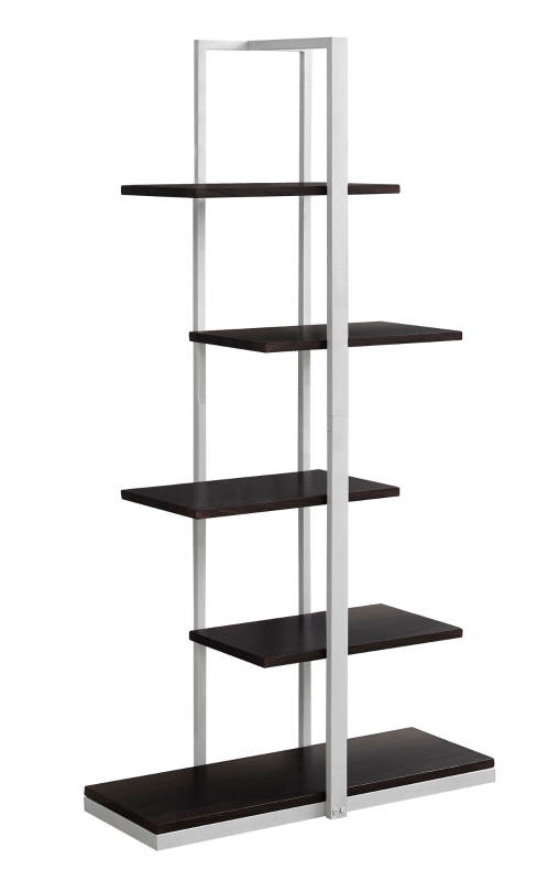 Monarch 60" Contemporary Open Concept Staggered 5 Shelf Bookshelf - Cappuccino / Silver Metal