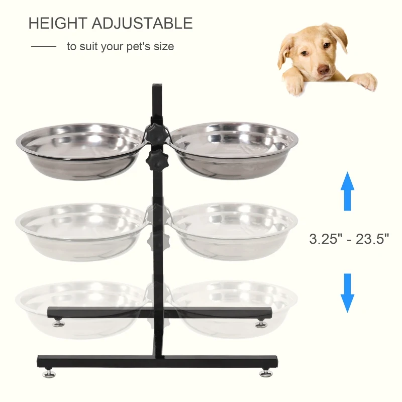 PawHut Adjustable Elevated Dog Bowls, Stainless Steel Dog Double Bowls with H-Base Raised Bowl Stand for Dogs Cats, 22.5"H