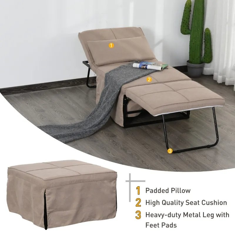 HOMCOM 4-in-1 Multi Function Folding Single Sofa Bed with Retractable Footrest, Convertible Sleeper with Adjustable Backrest For Living Room and Small Spaces, Light Coffee