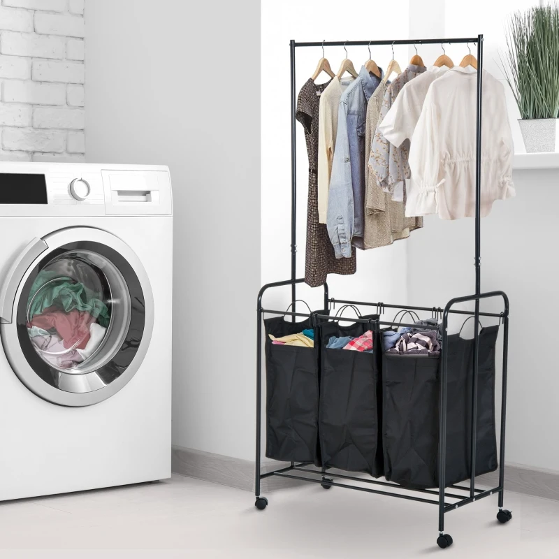 HomCom 3 Bag Heavy Duty Divided Laundry Hamper Sorter Cart With Wheels And Hanging Bar - Black