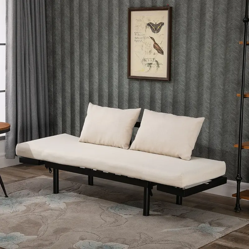 HOMCOM Single Person Chaise Lounger, Modern Sofa Bed with 5 Adjustable Positions, 2 Large Pillows, and Birch Legs, Beige Yellow
